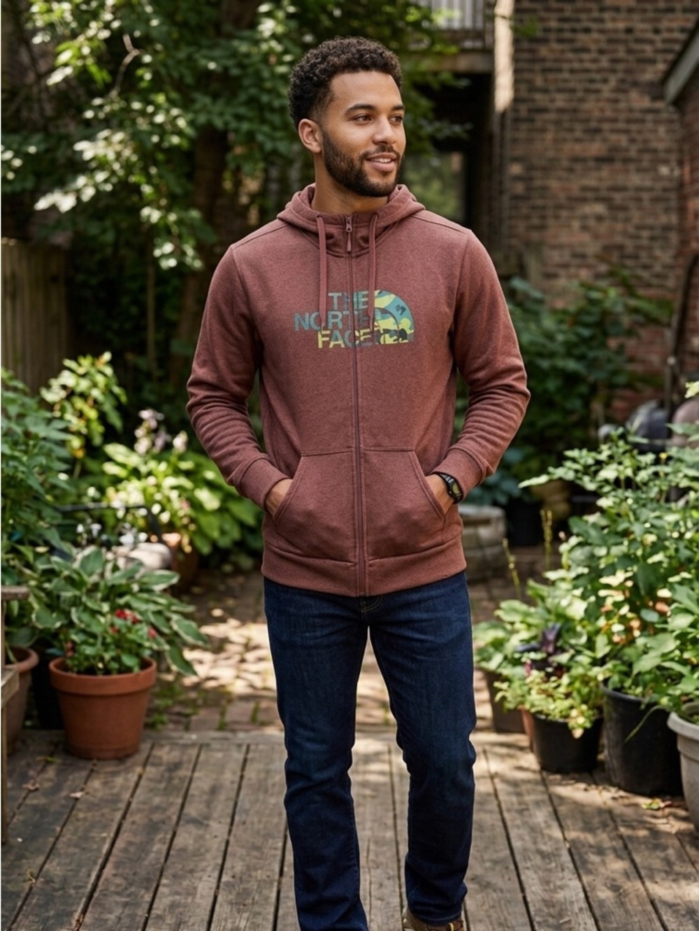 The North Face | Rust Zip-Up Hoodie with Green Camo Logo | Sz M